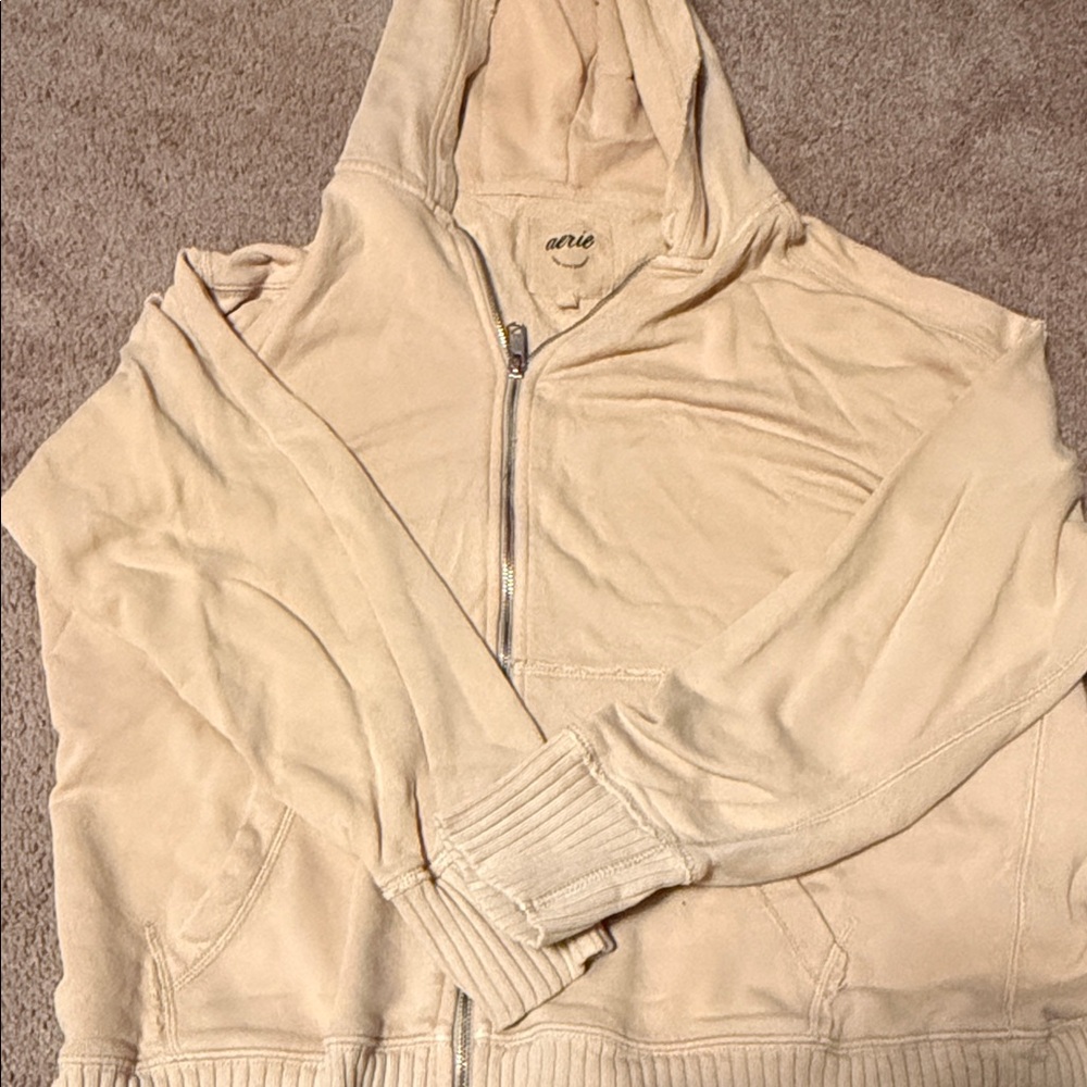 aerie Light Beige Zip-Up Hoodie Sweater